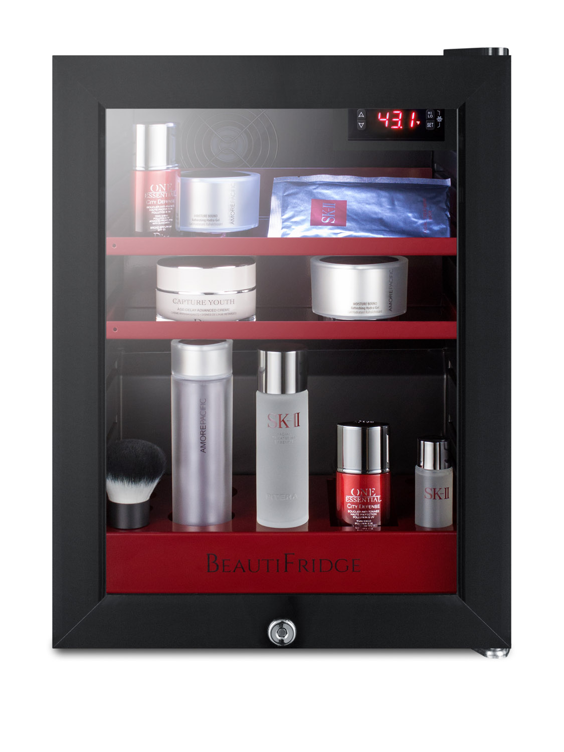 BeautiFridge compact cosmetics cooler with glass door, black cabinet, lock, glossy ruby-colored shelves, and digital controls set for the storage of beauty products